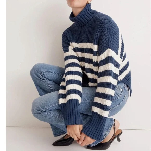Madewell Striped Knit Navy and White Size XL Turtleneck Chunky Sweater - Picture 1 of 12